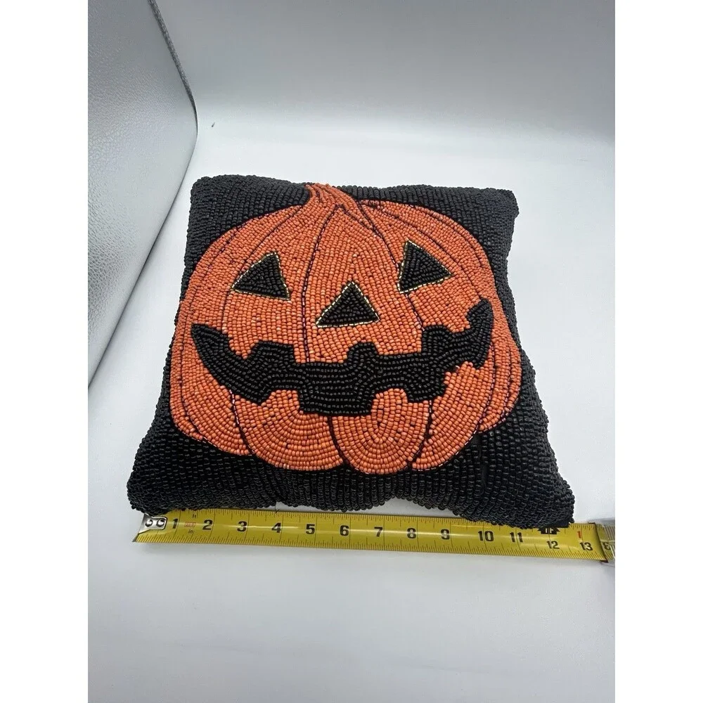 Beaded Jack O’Lantern Pumpkin Pillow 12x12 Handmade Halloween Decor Heavy